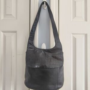 Tignanello Black Leather Croc Embossed Flap Shoulder Bag